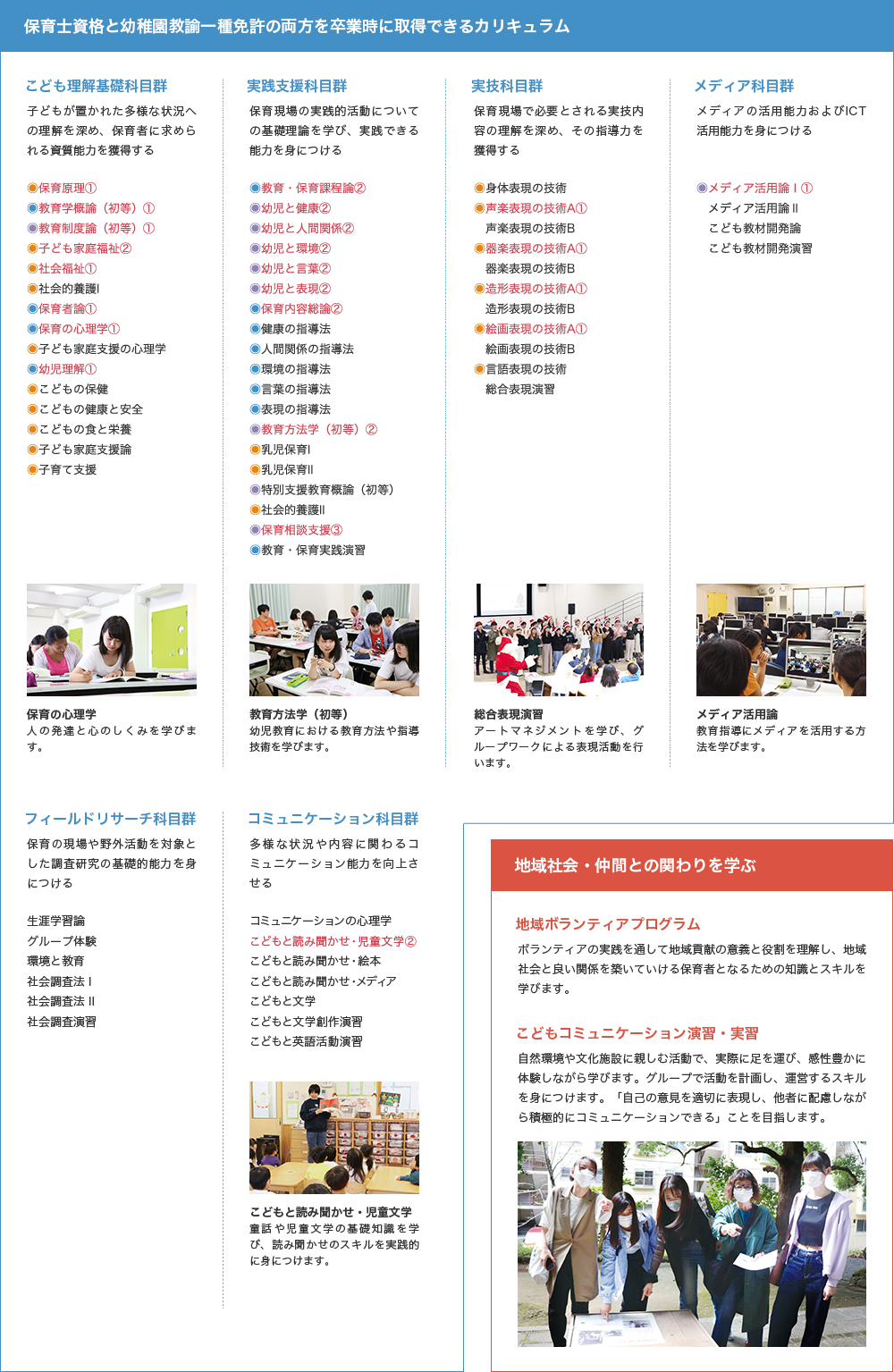 保育士資格と幼稚園教諭一種免許の両方を卒業時に取得できるカリキュラム
